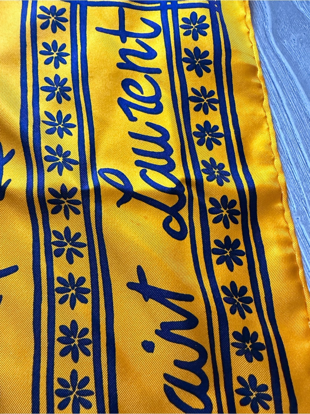 Vintage Yves Saint Laurent Silk Scarf Yellow and Cobalt sailboat heart butterfly - Picture 4 of 7